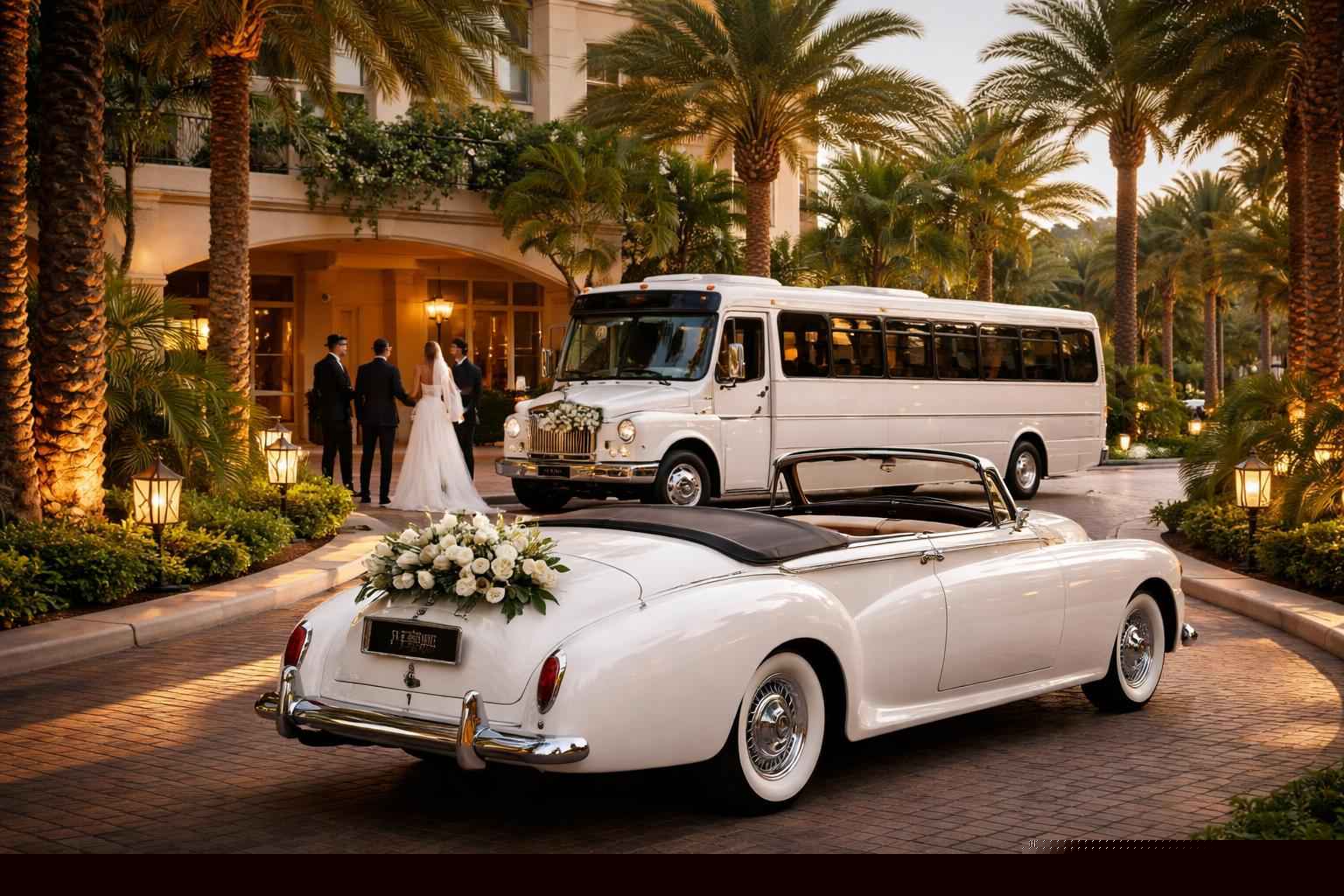 Do you provide wedding day shuttles and a classic vintage getaway car in Hollywood Florida?