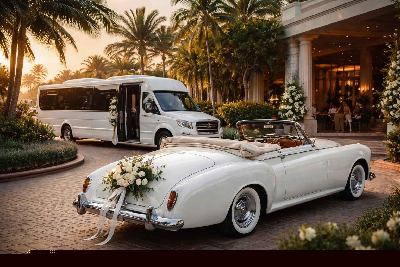 Do you provide wedding day shuttles and a classic vintage getaway car in Hollywood Florida?