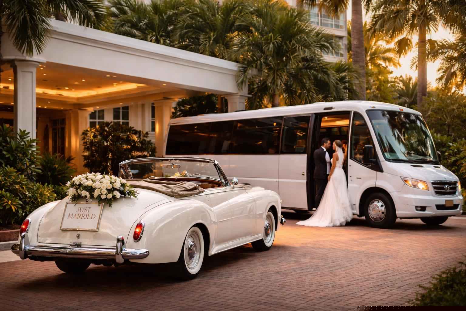Do you provide wedding day shuttles and a classic vintage getaway car in Hollywood Florida?