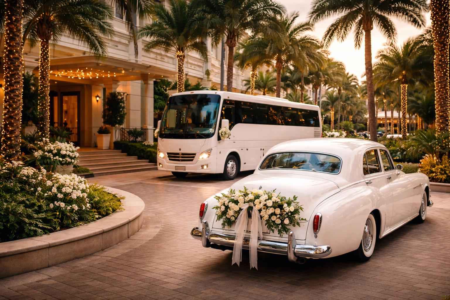 Do you provide wedding day shuttles and a classic vintage getaway car in Hollywood Florida?