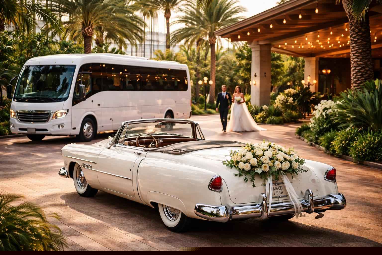 Do you provide wedding day shuttles and a classic vintage getaway car in Hollywood Florida?