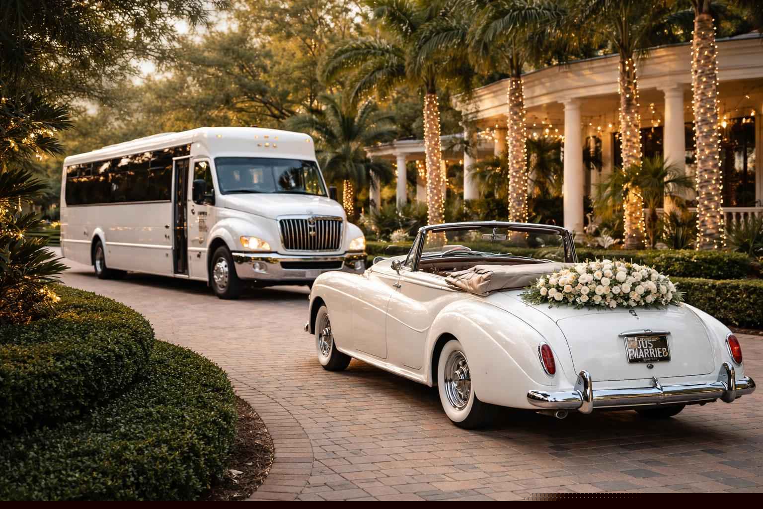 Do you provide wedding day shuttles and a classic vintage getaway car in Pembroke Pines Florida