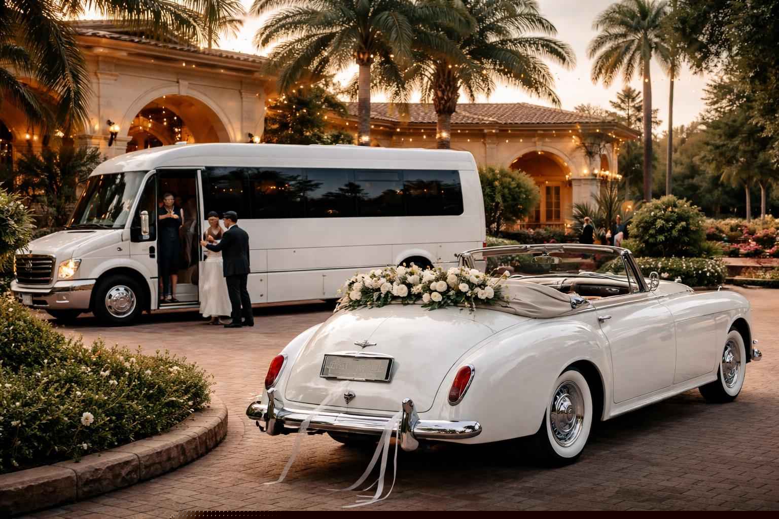 Do you provide wedding day shuttles and a classic vintage getaway car in Pembroke Pines Florida