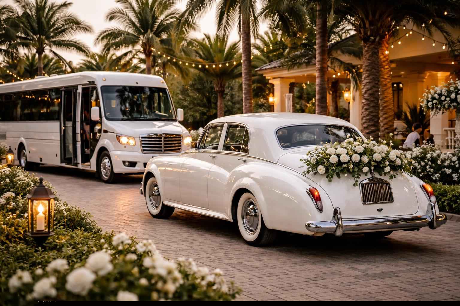 Do you provide wedding day shuttles and a classic vintage getaway car in Pembroke Pines Florida?
