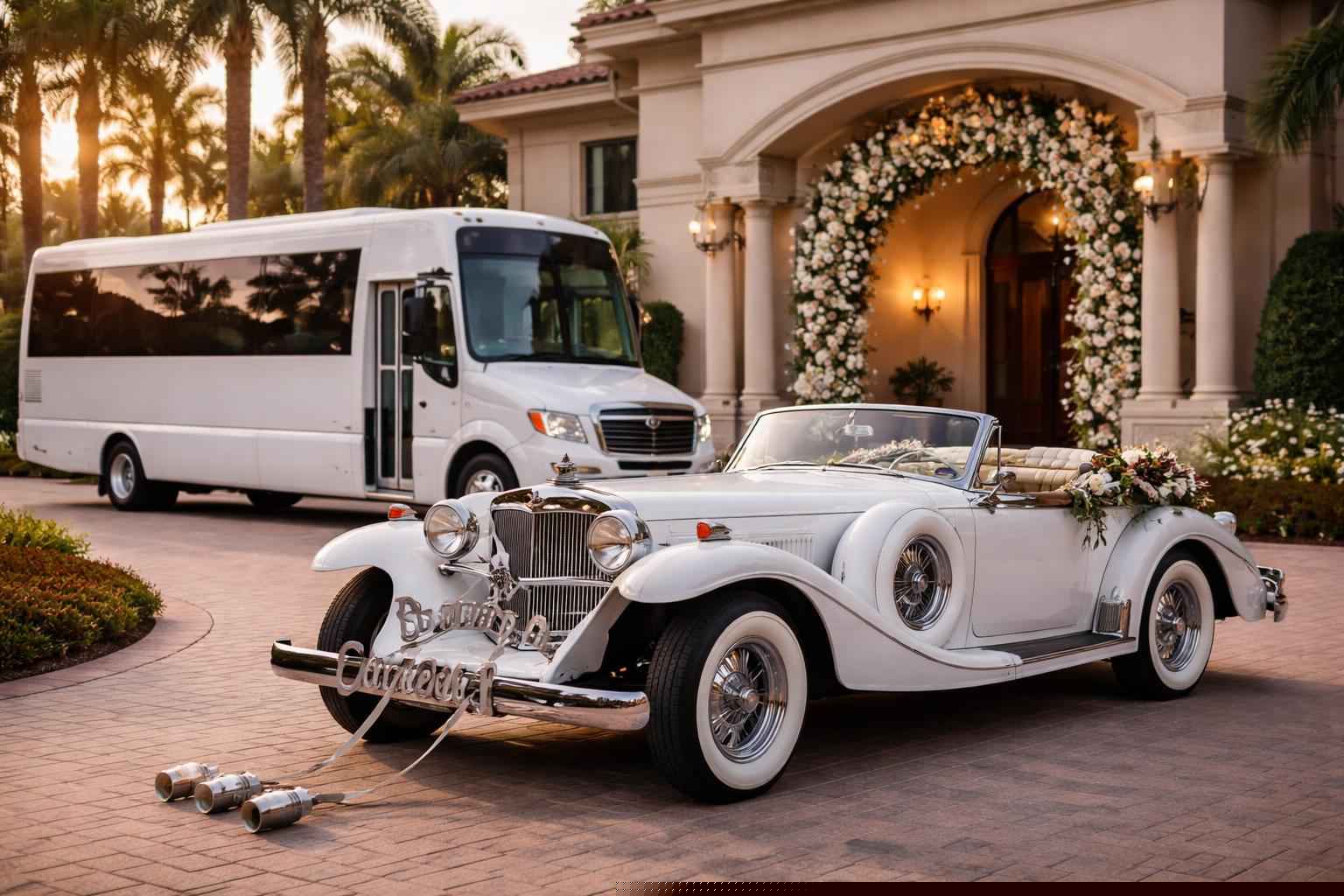 Do you provide wedding day shuttles and a classic vintage getaway car in Pembroke Pines Florida