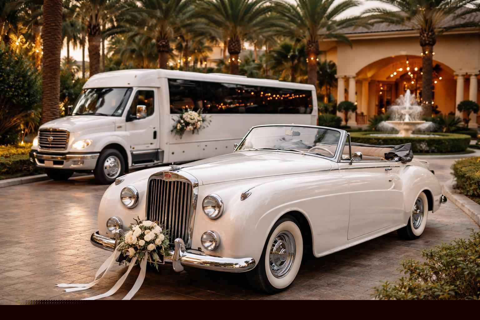 Do you provide wedding day shuttles and a classic vintage getaway car in Pembroke Pines Florida