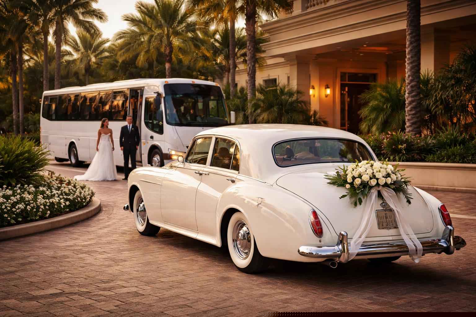 Do you provide wedding day shuttles and a classic vintage getaway car in Pembroke Pines Florida?
