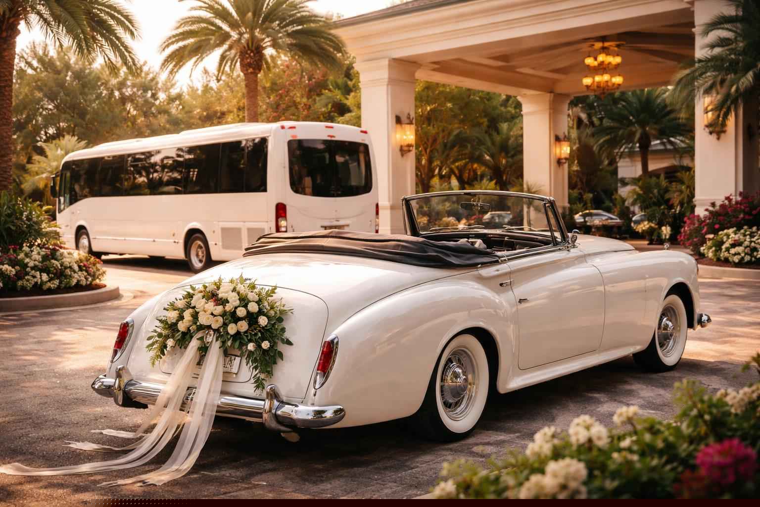 Do you provide wedding day shuttles and a classic, vintage getaway car in Pembroke Pines Florida?