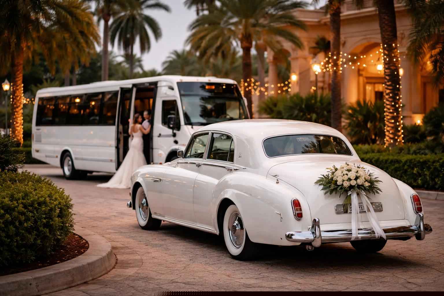 Do you provide wedding day shuttles and a classic vintage getaway car in Pembroke Pines Florida?