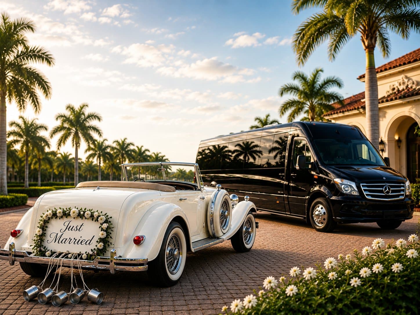 Do you provide wedding day shuttles and a classic vintage getaway car in Pembroke Pines Florida