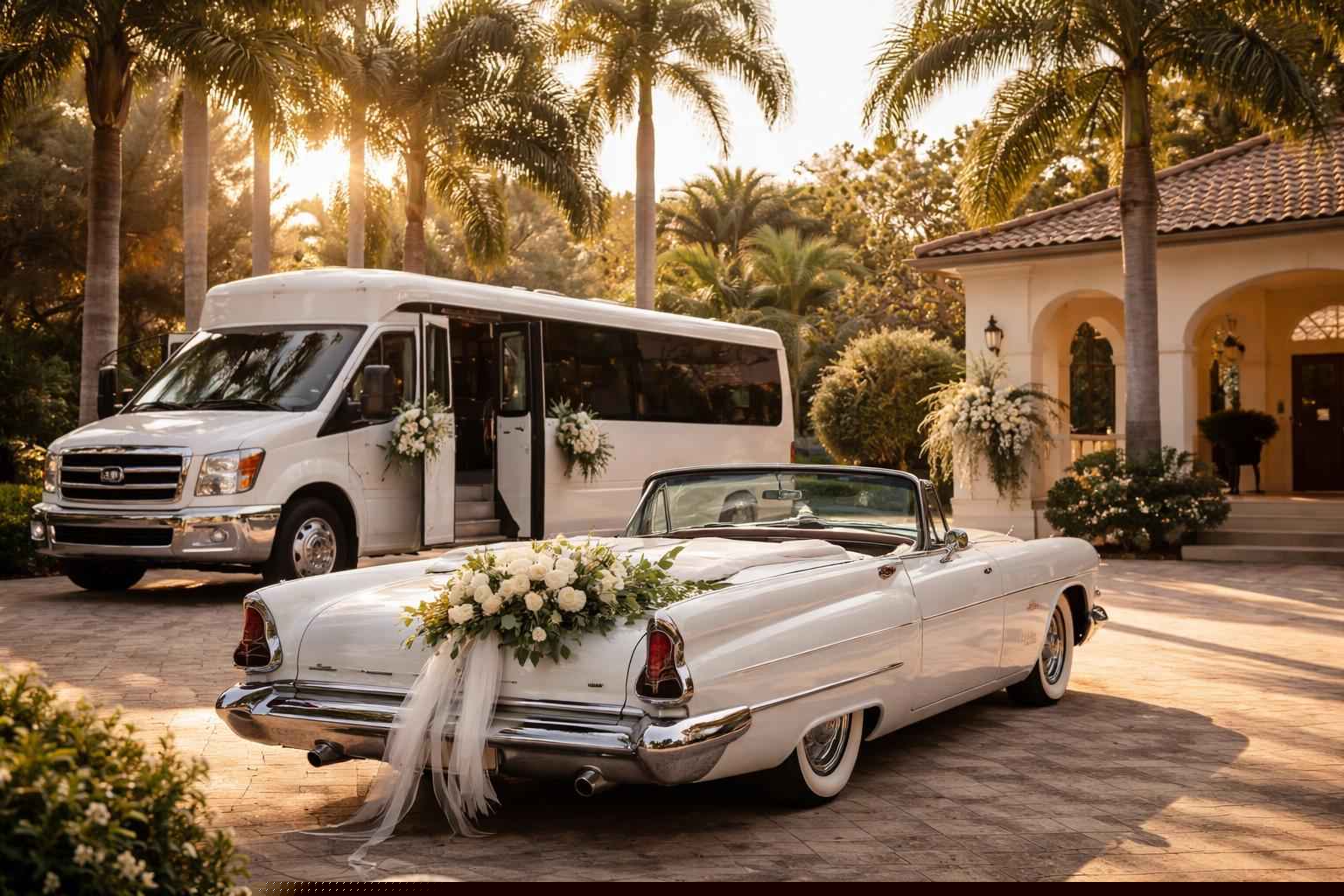 Do you provide wedding day shuttles and a classic vintage getaway car in Pembroke Pines Florida?