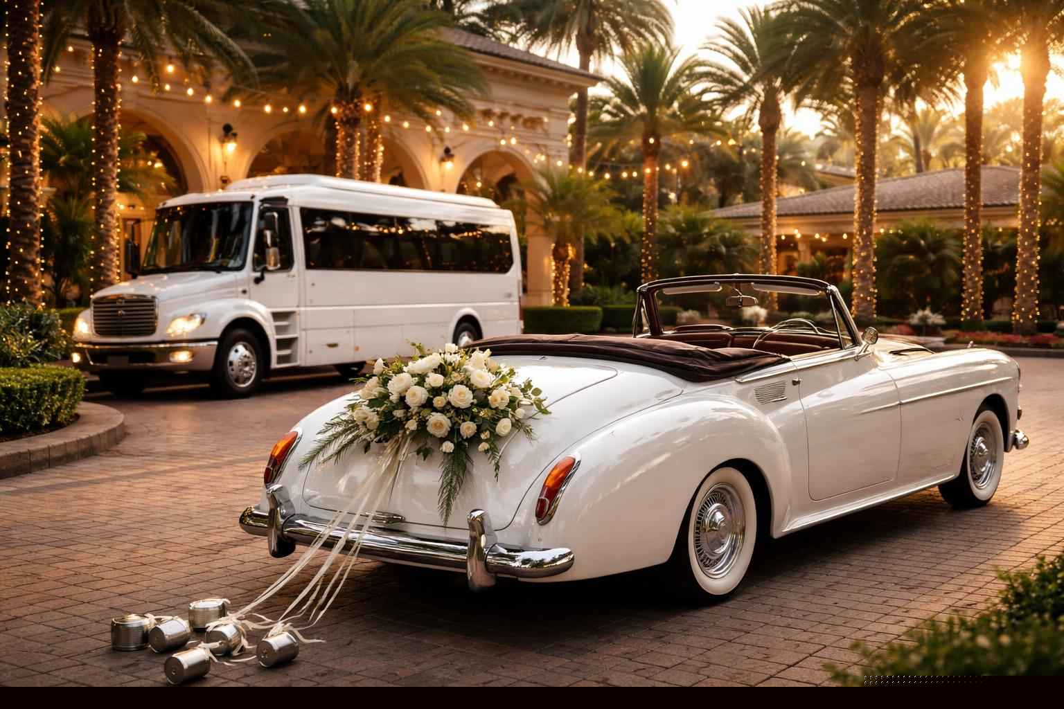 Do you provide wedding day shuttles and a classic vintage getaway car in Pembroke Pines Florida?