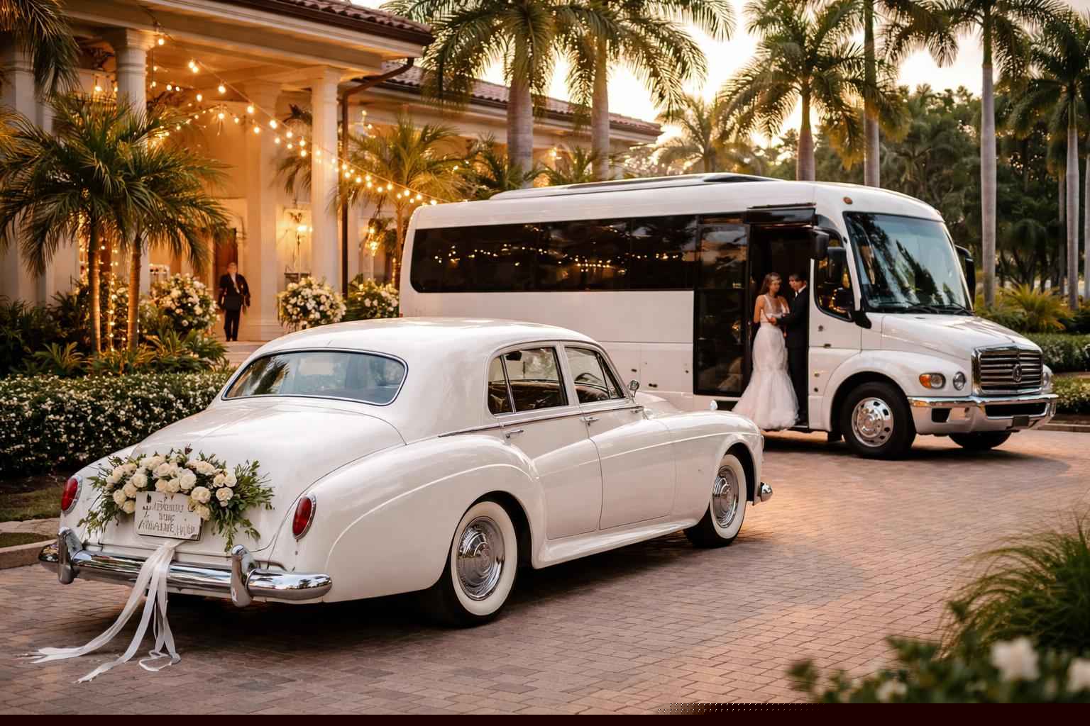 Do you provide wedding day shuttles and a classic vintage getaway car in Port St. Lucie Florida?