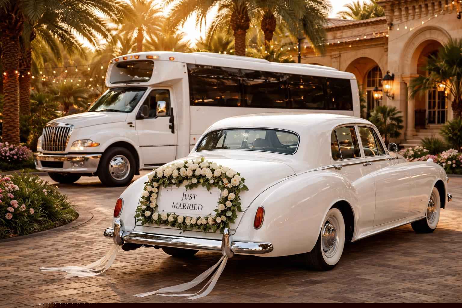 Do you provide wedding day shuttles and a classic vintage getaway car in Port St. Lucie Florida?