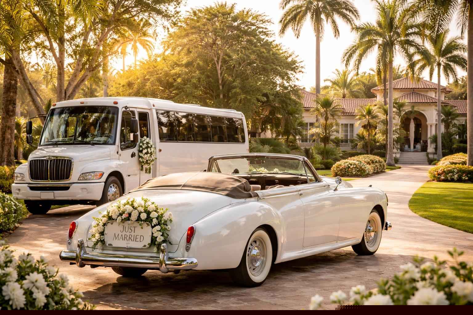 Do you provide wedding day shuttles and a classic vintage getaway car in Port St. Lucie Florida?