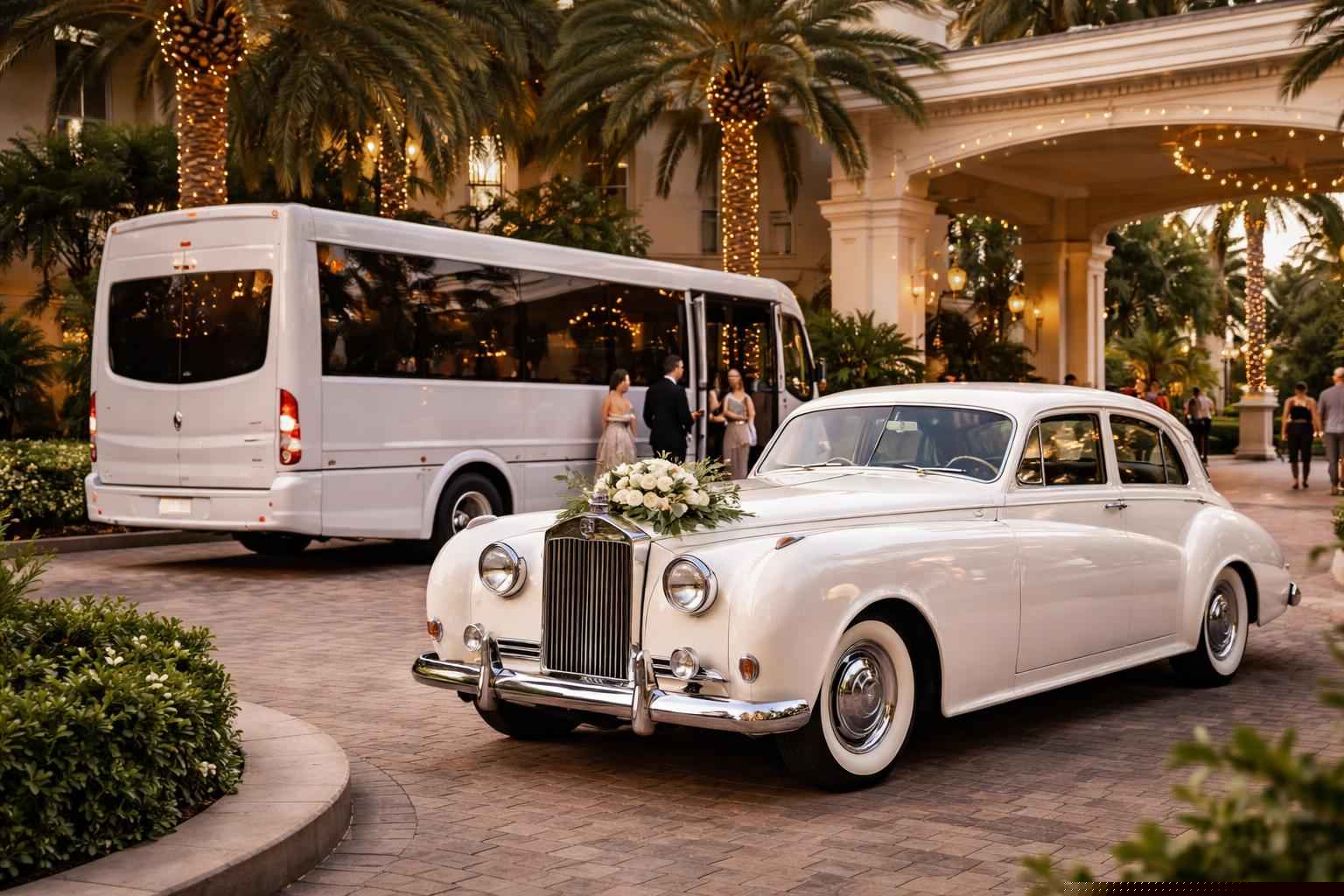 Do you provide wedding day shuttles and a classic vintage getaway car in Port St. Lucie Florida?