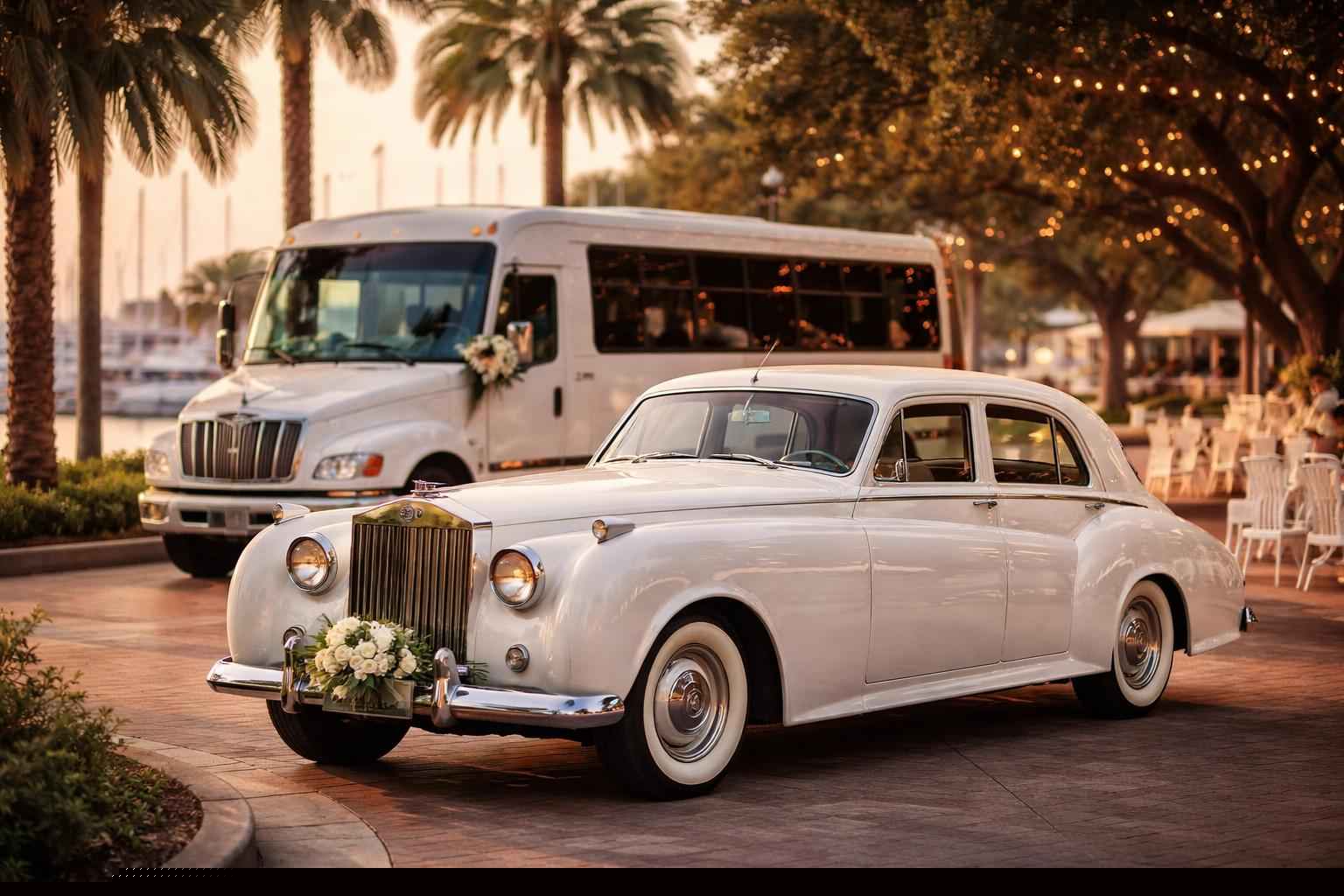 Do you provide wedding day shuttles and a classic vintage getaway car in St. Petersburg Florida?