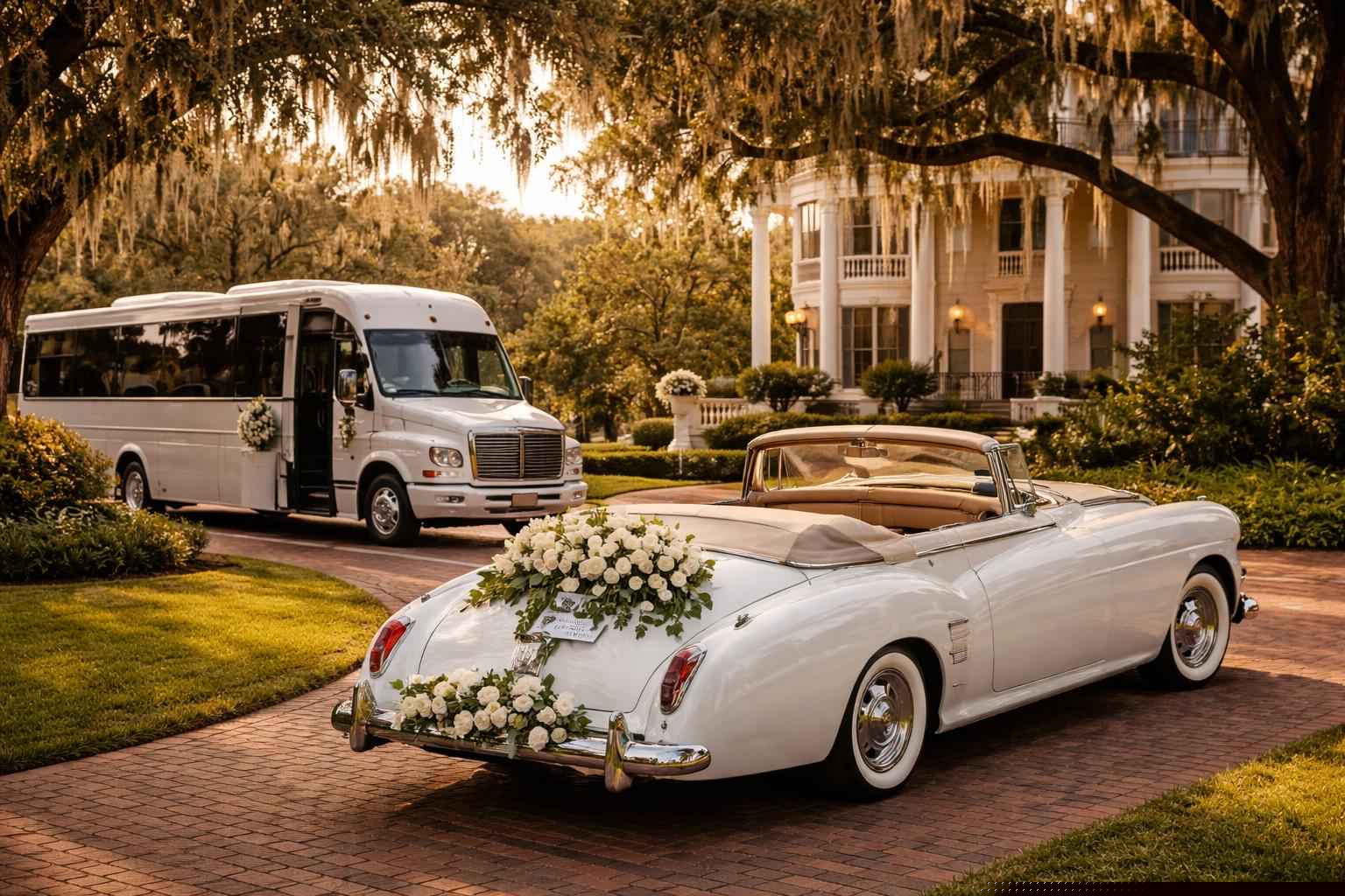 Do you provide wedding day shuttles and a classic vintage getaway car in Tallahassee Florida