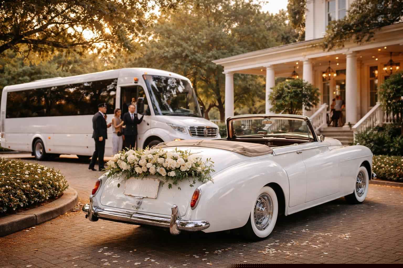 Do you provide wedding day shuttles and a classic vintage getaway car in Tallahassee Florida