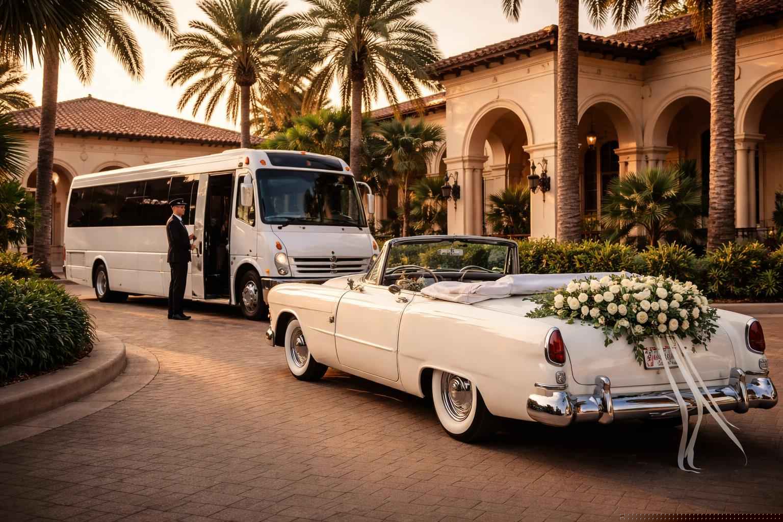 Do you provide wedding day shuttles and a classic vintage getaway car in Hialeah Florida?