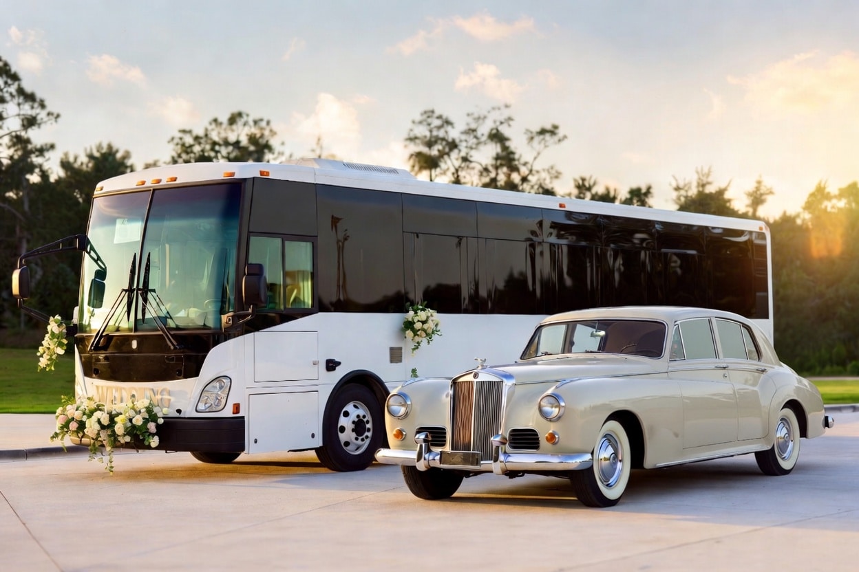 Do you provide wedding day shuttles and a classic vintage getaway car in Tallahassee Florida