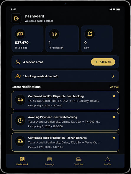LimoHive transportation partner dashboard